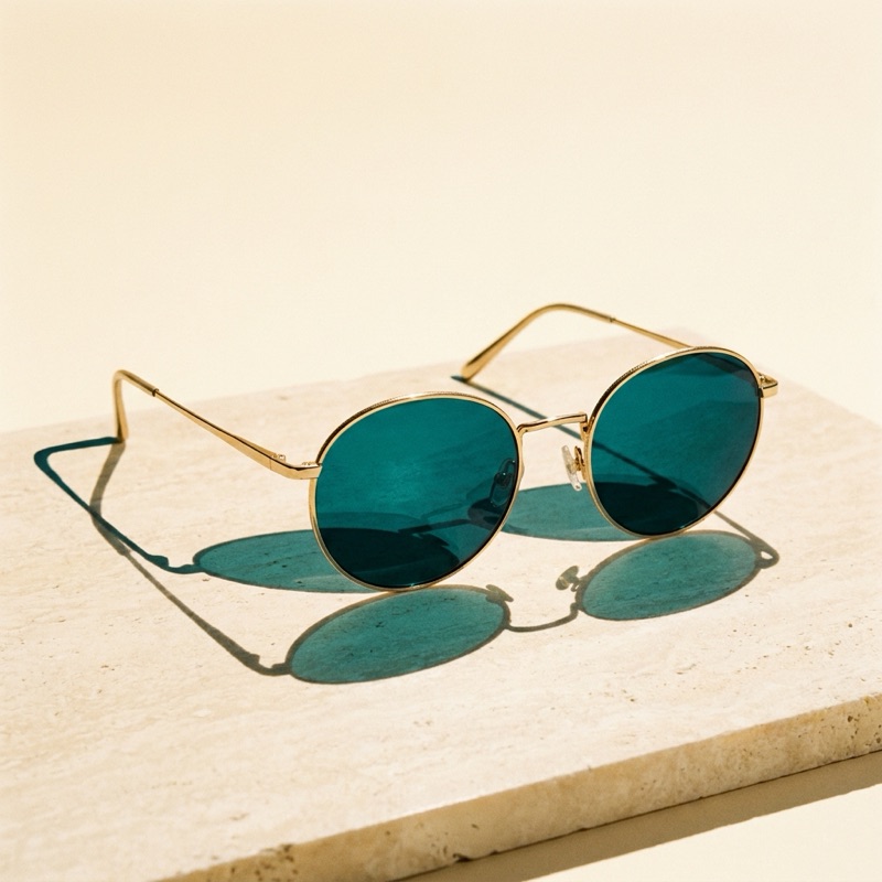 Round thin gold wire sunglasses with teal mirrored lenses.